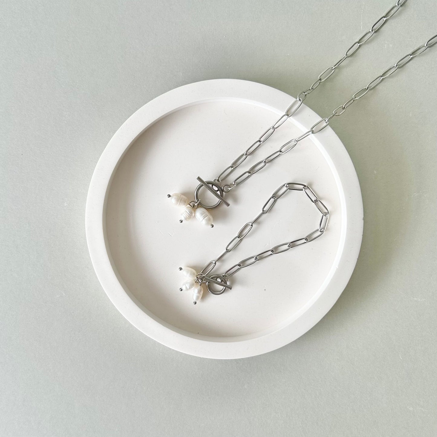 Silver link pearl necklace & bracelet