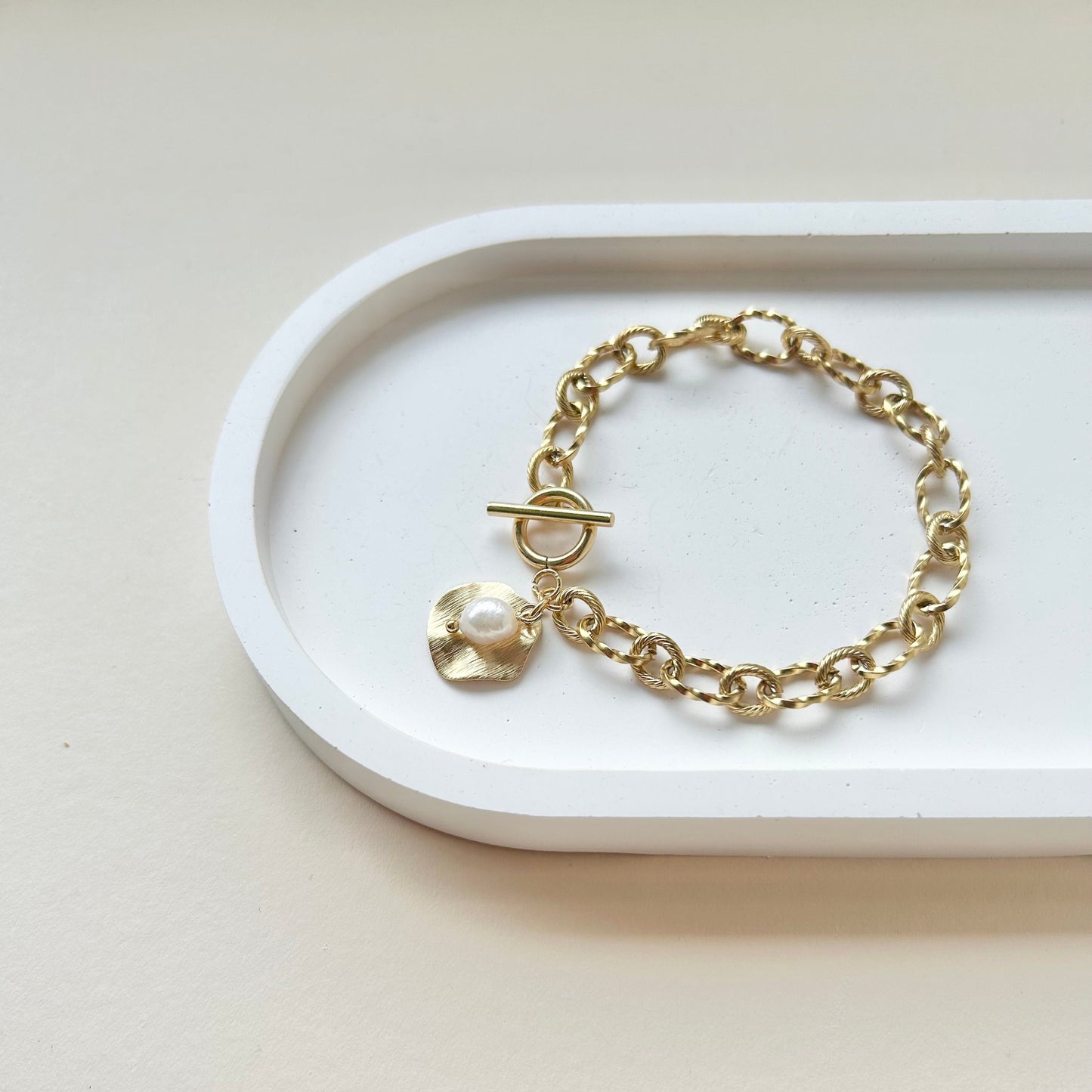 Chunky gold link pearl charm bracelet 